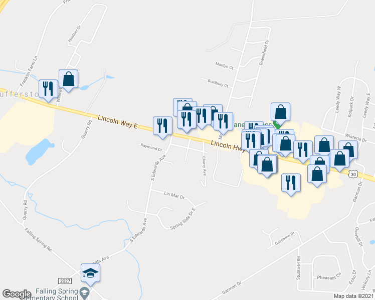 map of restaurants, bars, coffee shops, grocery stores, and more near 55 Keystone Avenue in Chambersburg