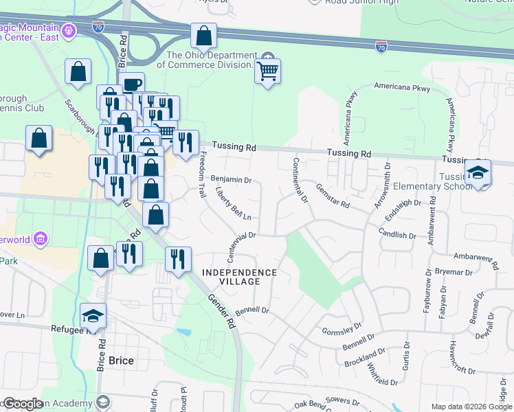 map of restaurants, bars, coffee shops, grocery stores, and more near 2871 Yankee Doodle Drive in Reynoldsburg