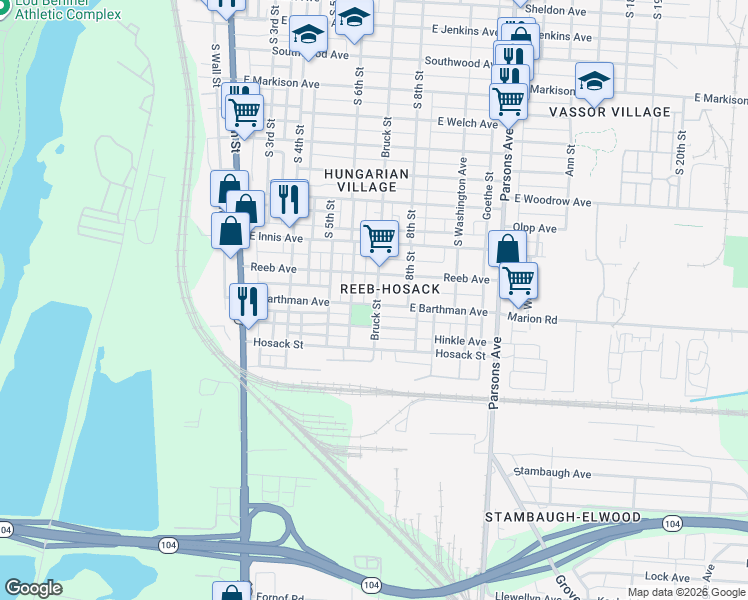 map of restaurants, bars, coffee shops, grocery stores, and more near 1876 South 6th Street in Columbus