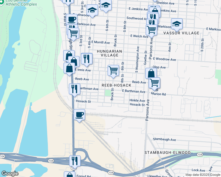map of restaurants, bars, coffee shops, grocery stores, and more near 1876 South 6th Street in Columbus