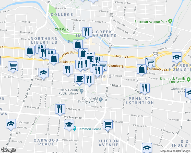 map of restaurants, bars, coffee shops, grocery stores, and more near in Springfield
