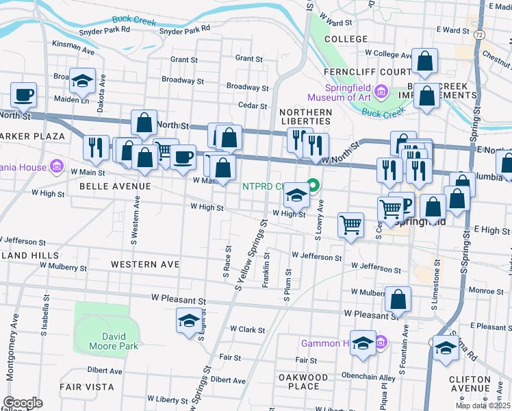 map of restaurants, bars, coffee shops, grocery stores, and more near 504-512 West High Street in Springfield