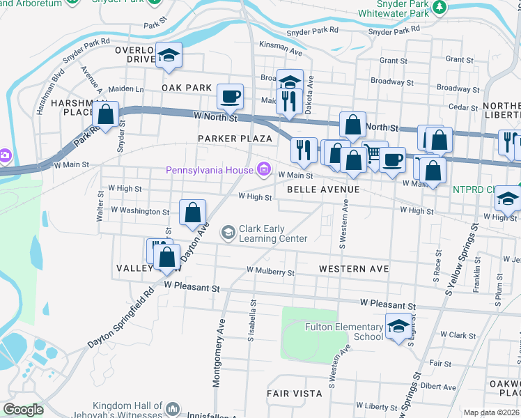 map of restaurants, bars, coffee shops, grocery stores, and more near 1315 West High Street in Springfield
