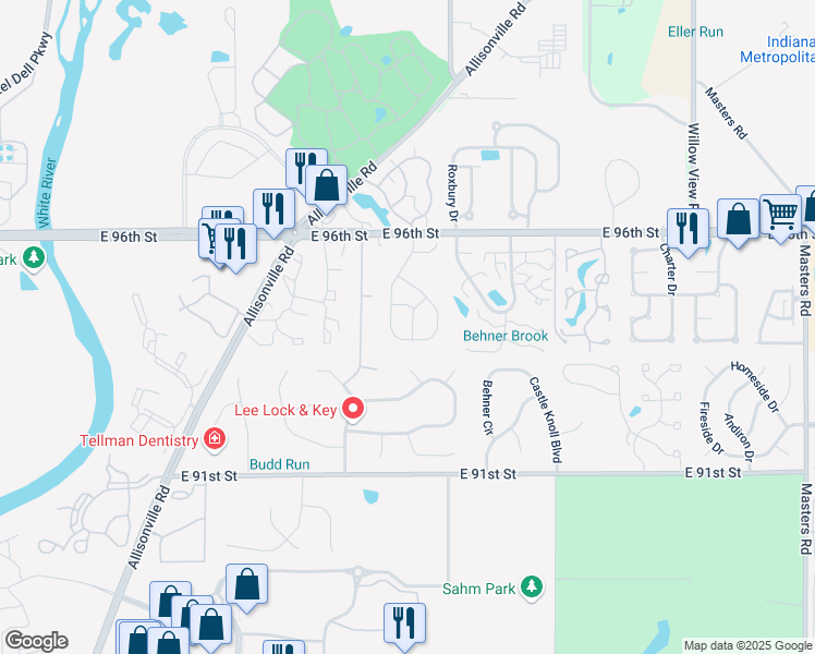 map of restaurants, bars, coffee shops, grocery stores, and more near 6102 Aspen Grove Drive in Indianapolis