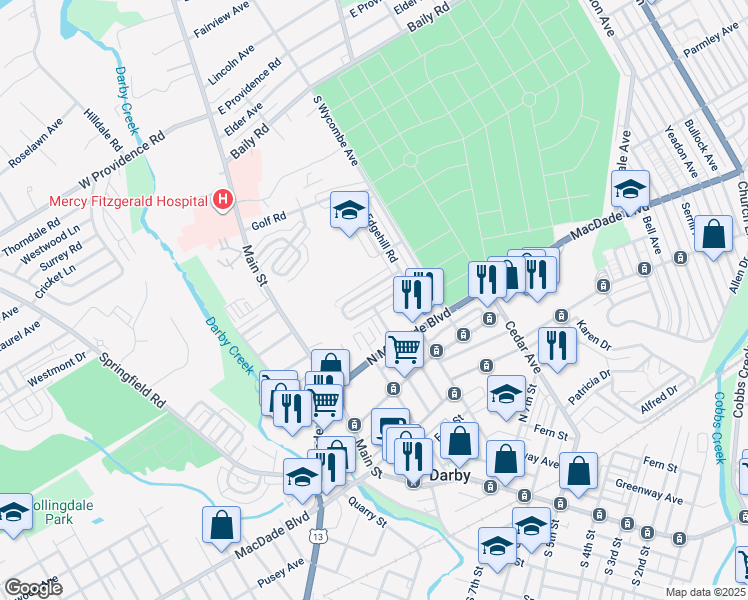 map of restaurants, bars, coffee shops, grocery stores, and more near 205 Weymouth Road in Darby