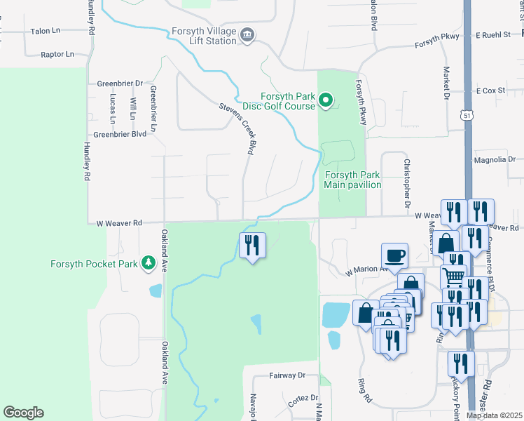 map of restaurants, bars, coffee shops, grocery stores, and more near West Weaver Road in Forsyth