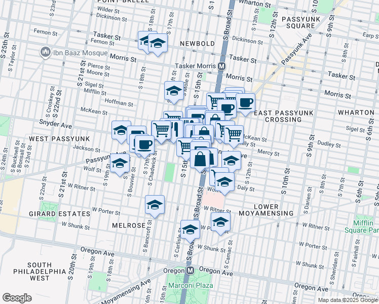 map of restaurants, bars, coffee shops, grocery stores, and more near 2121 South Carlisle Street in Philadelphia