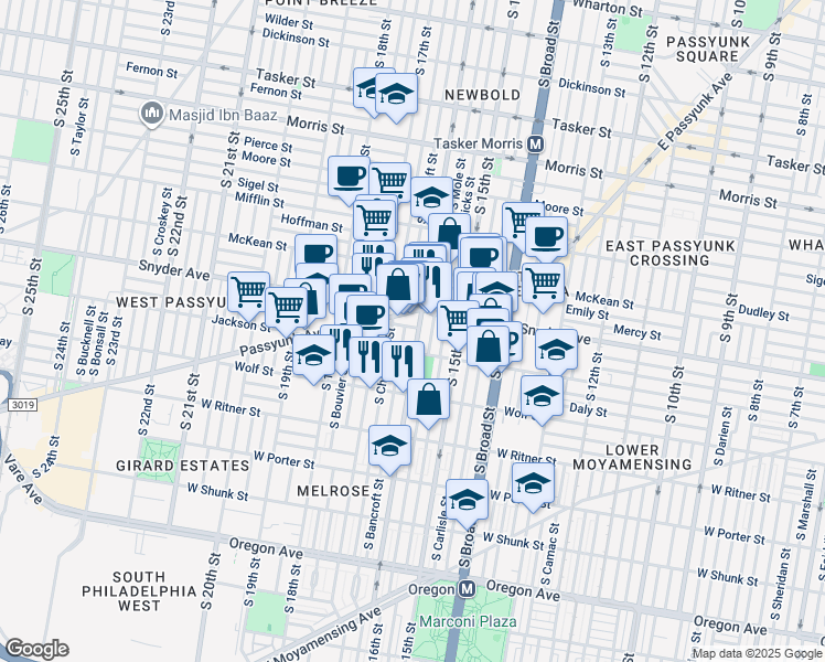 map of restaurants, bars, coffee shops, grocery stores, and more near 2120 South 16th Street in Philadelphia