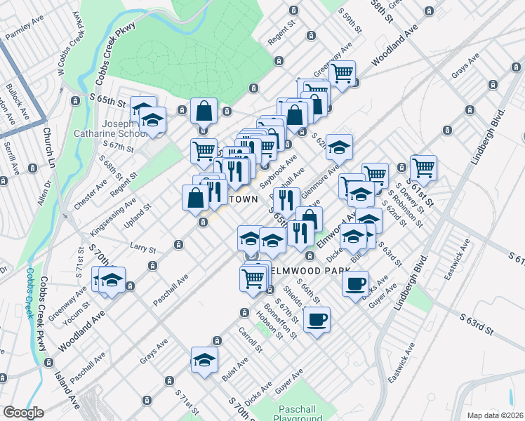 map of restaurants, bars, coffee shops, grocery stores, and more near 6529 Paschall Avenue in Philadelphia