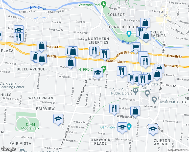 map of restaurants, bars, coffee shops, grocery stores, and more near 421 Linn Street in Springfield