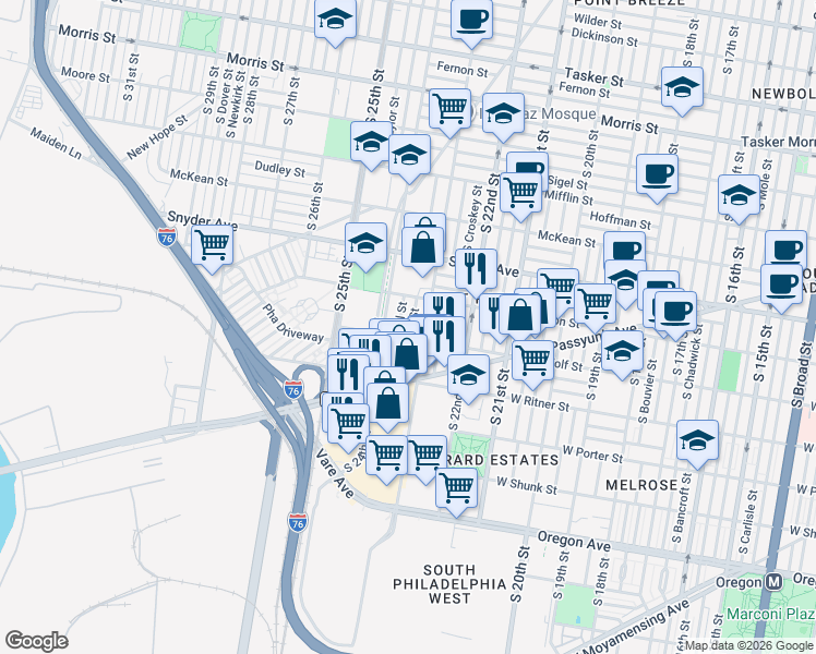 map of restaurants, bars, coffee shops, grocery stores, and more near 2255 South Bucknell Street in Philadelphia