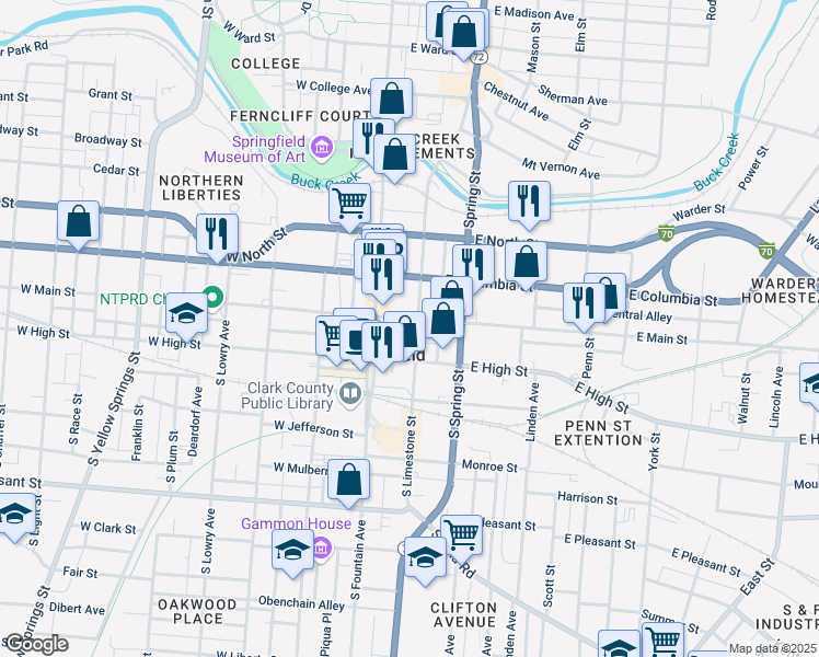 map of restaurants, bars, coffee shops, grocery stores, and more near in Springfield
