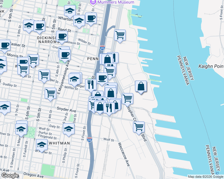 map of restaurants, bars, coffee shops, grocery stores, and more near 1898 South Swanson Street in Philadelphia