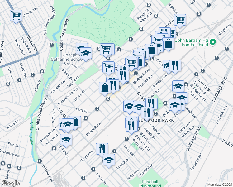map of restaurants, bars, coffee shops, grocery stores, and more near 6612 Woodland Avenue in Philadelphia