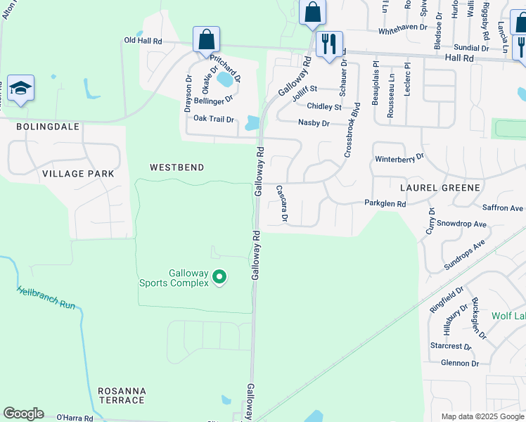 map of restaurants, bars, coffee shops, grocery stores, and more near 6292 Encina Court in Galloway