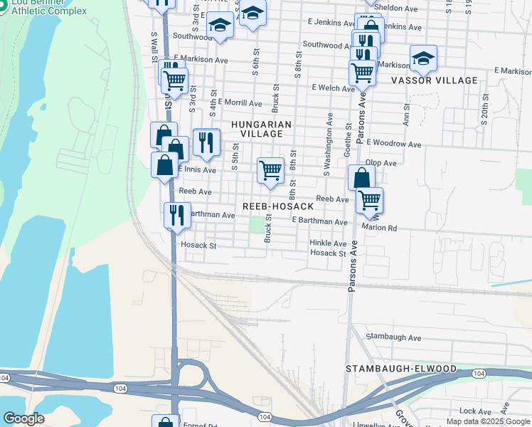 map of restaurants, bars, coffee shops, grocery stores, and more near 1876 South 6th Street in Columbus