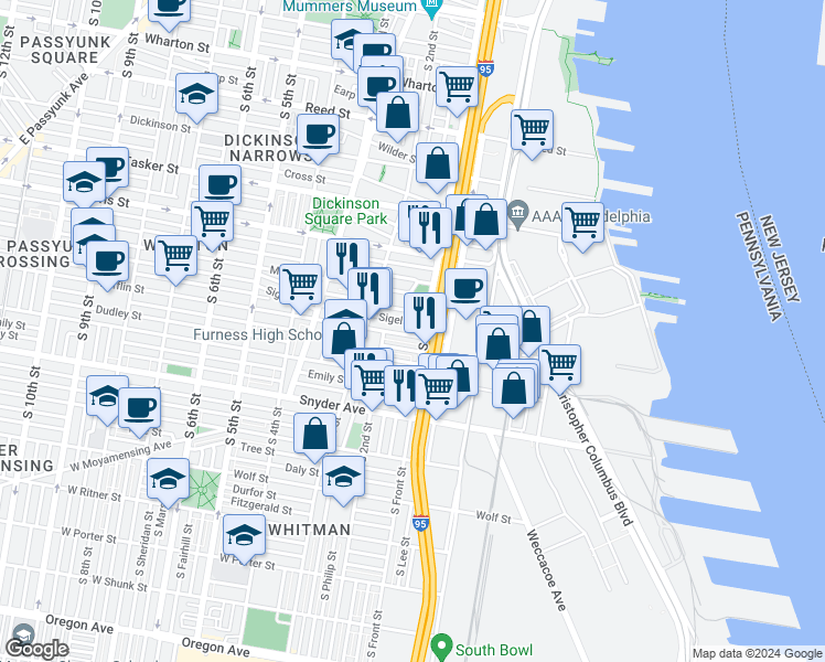 map of restaurants, bars, coffee shops, grocery stores, and more near 113 Mifflin Street in Philadelphia