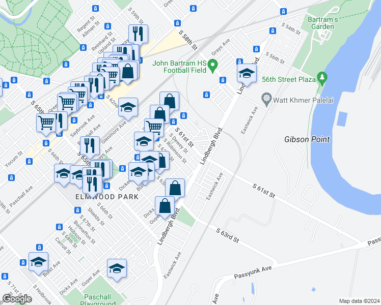 map of restaurants, bars, coffee shops, grocery stores, and more near 2619 South Dewey Street in Philadelphia