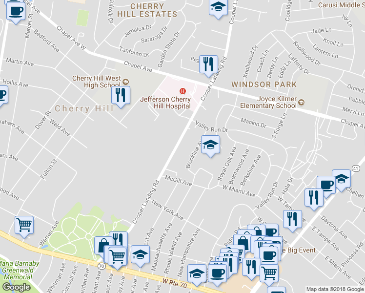 map of restaurants, bars, coffee shops, grocery stores, and more near 503 Playa Del Sol in Cherry Hill