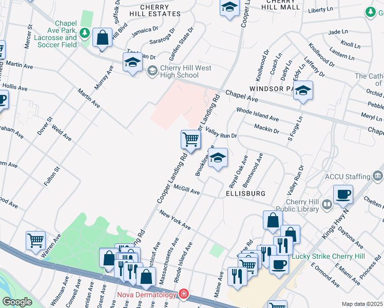map of restaurants, bars, coffee shops, grocery stores, and more near 503 Playa Del Sol in Cherry Hill
