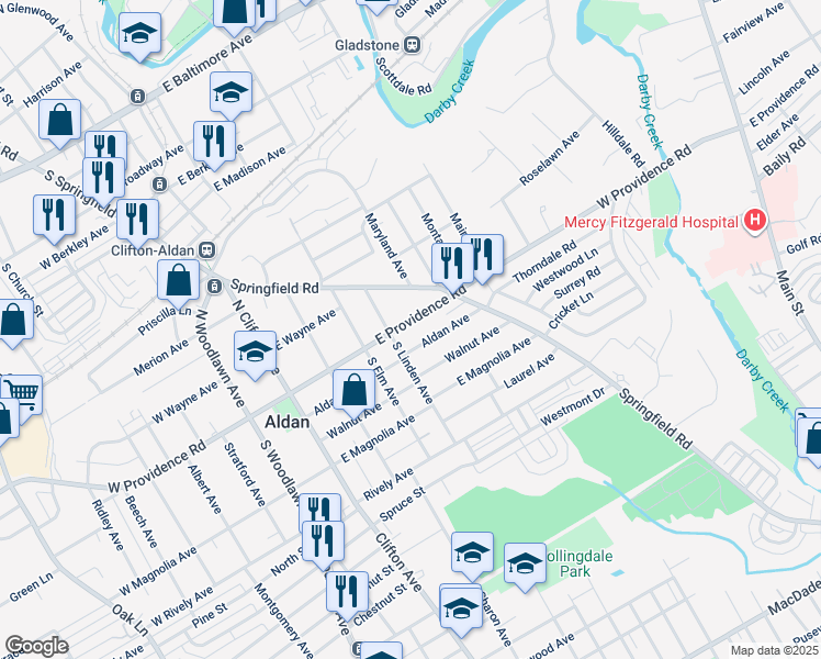 map of restaurants, bars, coffee shops, grocery stores, and more near 312 East Providence Road in Aldan