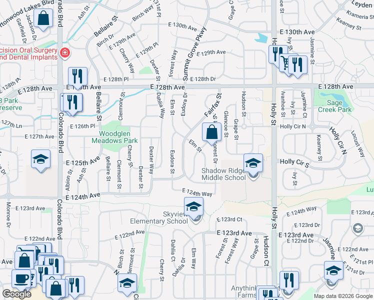 map of restaurants, bars, coffee shops, grocery stores, and more near 12636 Fairfax Street in Thornton