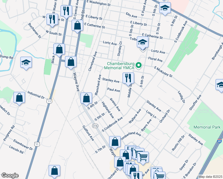 map of restaurants, bars, coffee shops, grocery stores, and more near 428 Paul Avenue in Chambersburg