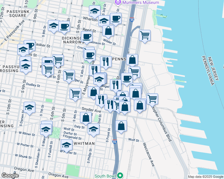 map of restaurants, bars, coffee shops, grocery stores, and more near 117 Mifflin Street in Philadelphia