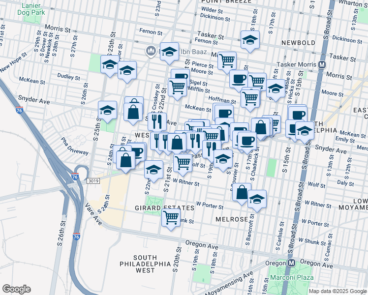 map of restaurants, bars, coffee shops, grocery stores, and more near 2209 South Lambert Street in Philadelphia