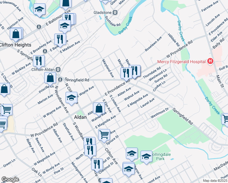 map of restaurants, bars, coffee shops, grocery stores, and more near 312 East Providence Road in Aldan