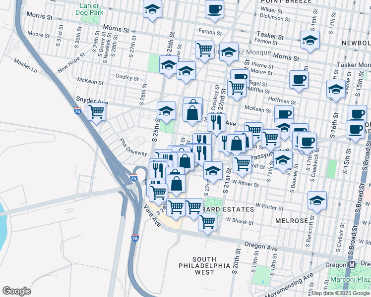map of restaurants, bars, coffee shops, grocery stores, and more near 2240 South Bonsall Street in Philadelphia
