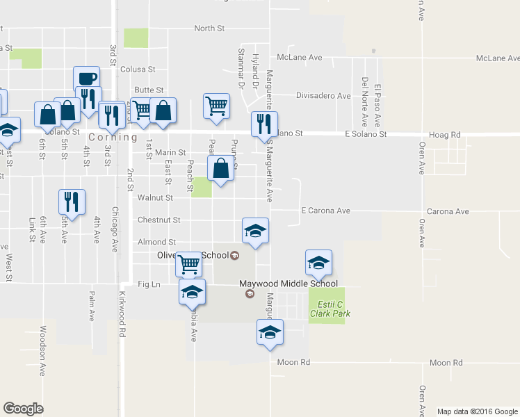 map of restaurants, bars, coffee shops, grocery stores, and more near 1145 Fig Street in Corning