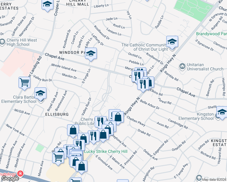 map of restaurants, bars, coffee shops, grocery stores, and more near 3005 Chapel Avenue in Cherry Hill