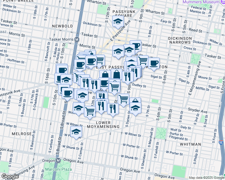 map of restaurants, bars, coffee shops, grocery stores, and more near 1024 Emily Street in Philadelphia