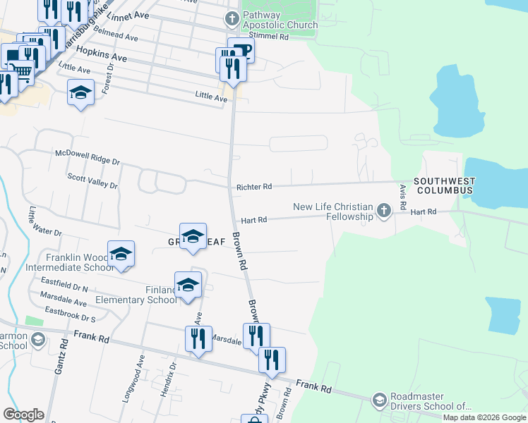 map of restaurants, bars, coffee shops, grocery stores, and more near 1312 Hart Road in Columbus