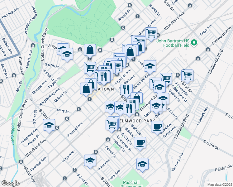 map of restaurants, bars, coffee shops, grocery stores, and more near 6506 Paschall Avenue in Philadelphia