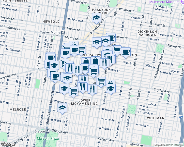 map of restaurants, bars, coffee shops, grocery stores, and more near 1024 Emily Street in Philadelphia