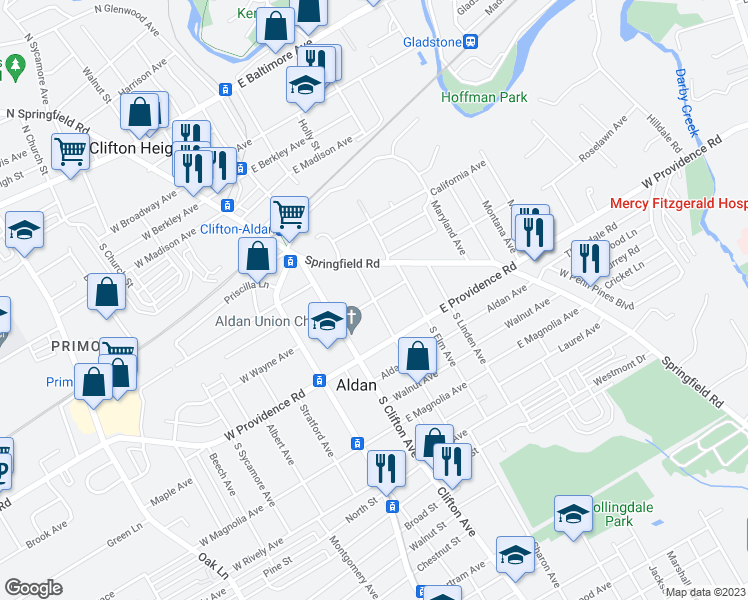 map of restaurants, bars, coffee shops, grocery stores, and more near East Wayne Avenue in Clifton Heights