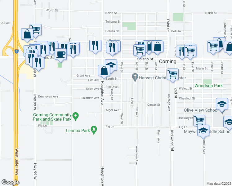 map of restaurants, bars, coffee shops, grocery stores, and more near 1550 Kaufman Avenue in Corning