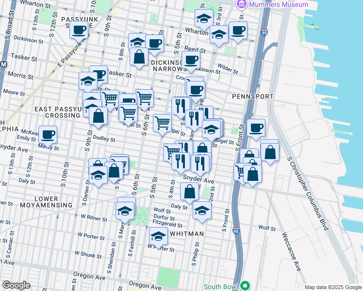 map of restaurants, bars, coffee shops, grocery stores, and more near 1915 South 4th Street in Philadelphia