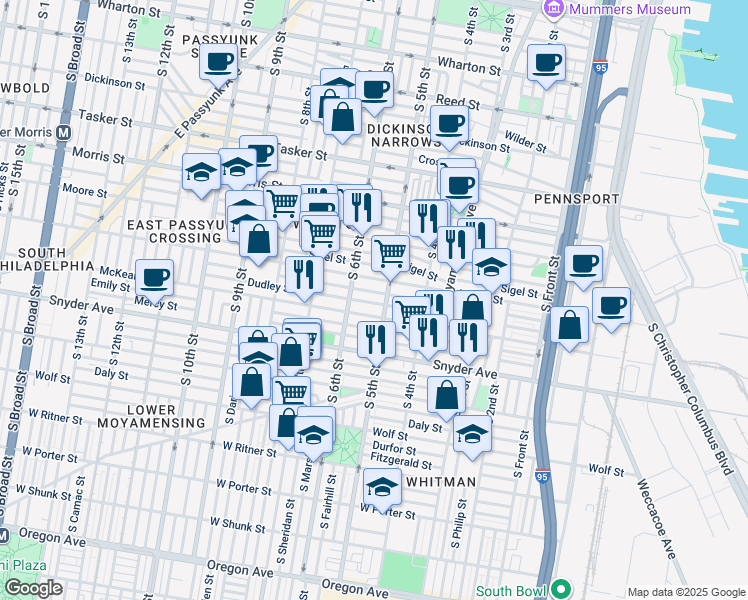 map of restaurants, bars, coffee shops, grocery stores, and more near 509 Dudley Street in Philadelphia