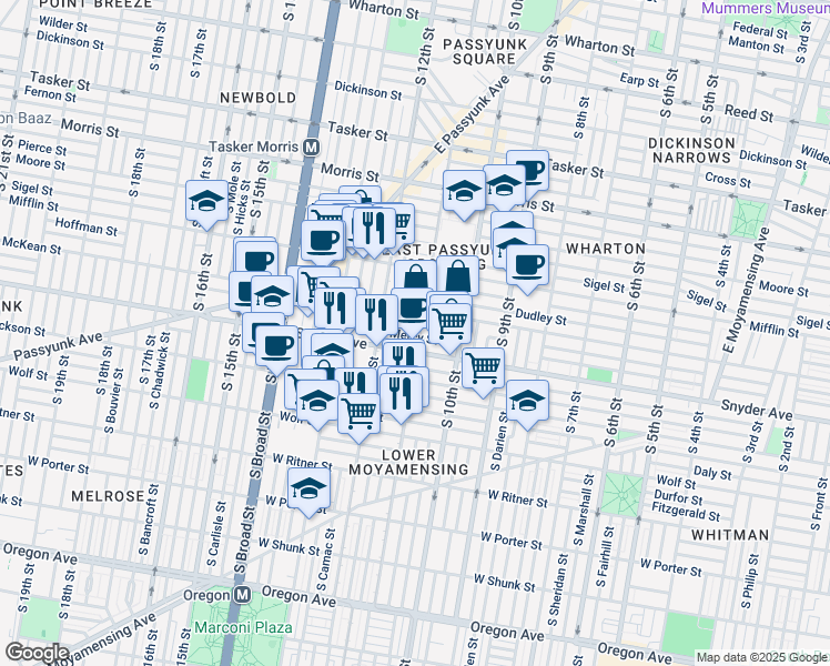 map of restaurants, bars, coffee shops, grocery stores, and more near 1119 Snyder Avenue in Philadelphia