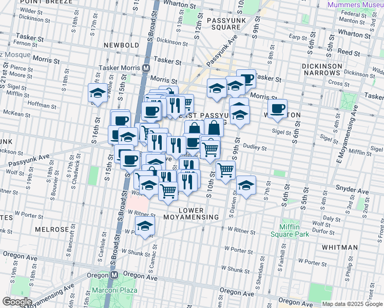 map of restaurants, bars, coffee shops, grocery stores, and more near in Philadelphia