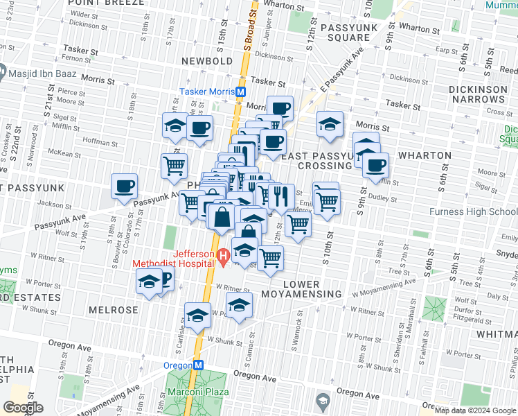 map of restaurants, bars, coffee shops, grocery stores, and more near 1311 East Snyder Avenue in Philadelphia
