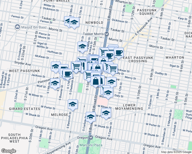 map of restaurants, bars, coffee shops, grocery stores, and more near 2121 South Carlisle Street in Philadelphia