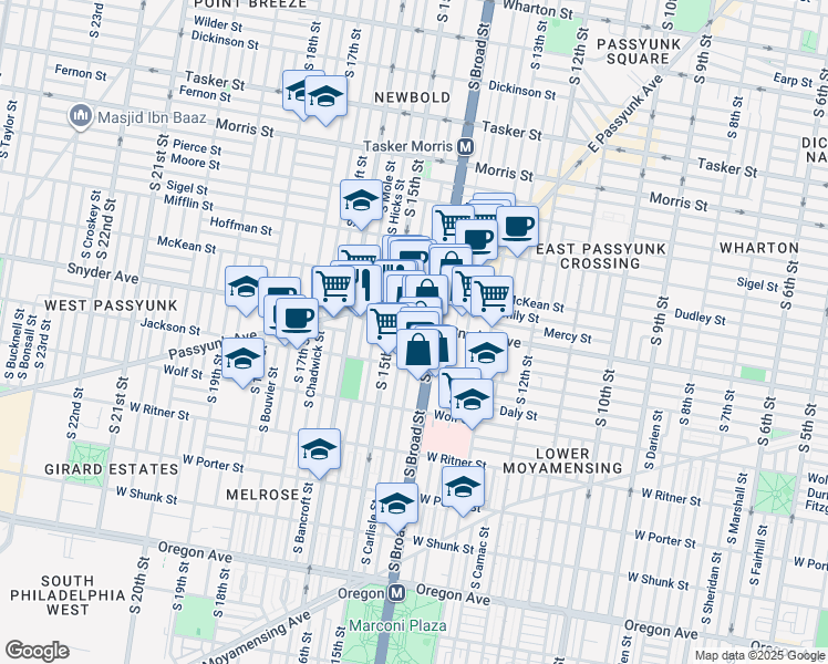 map of restaurants, bars, coffee shops, grocery stores, and more near 2121 South Carlisle Street in Philadelphia