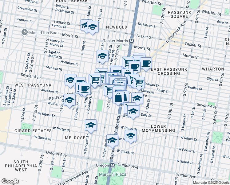 map of restaurants, bars, coffee shops, grocery stores, and more near 2121 South Carlisle Street in Philadelphia
