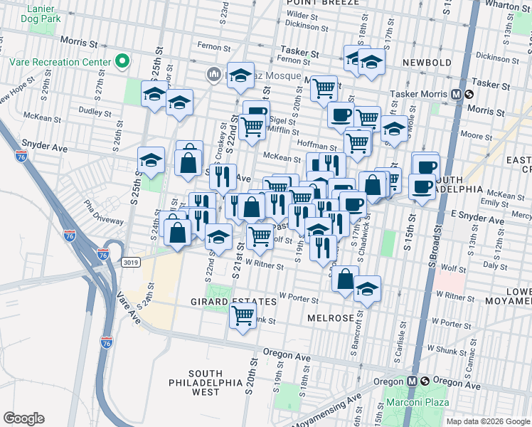 map of restaurants, bars, coffee shops, grocery stores, and more near 2217 South Woodstock Street in Philadelphia