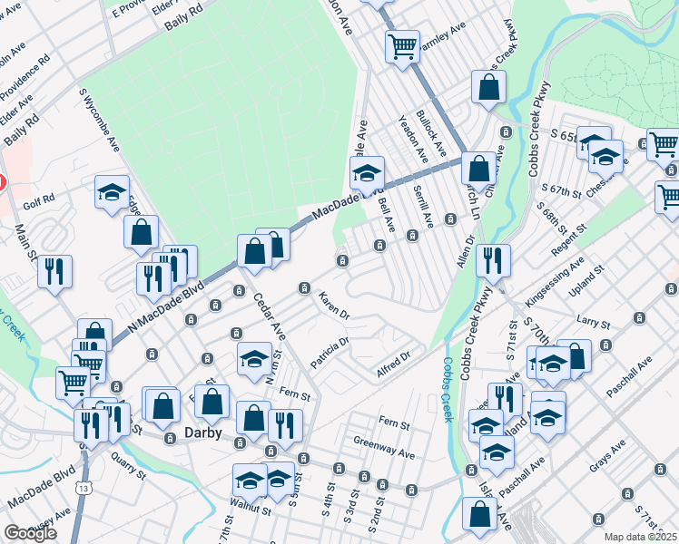 map of restaurants, bars, coffee shops, grocery stores, and more near 1000 Baird Avenue in Yeadon