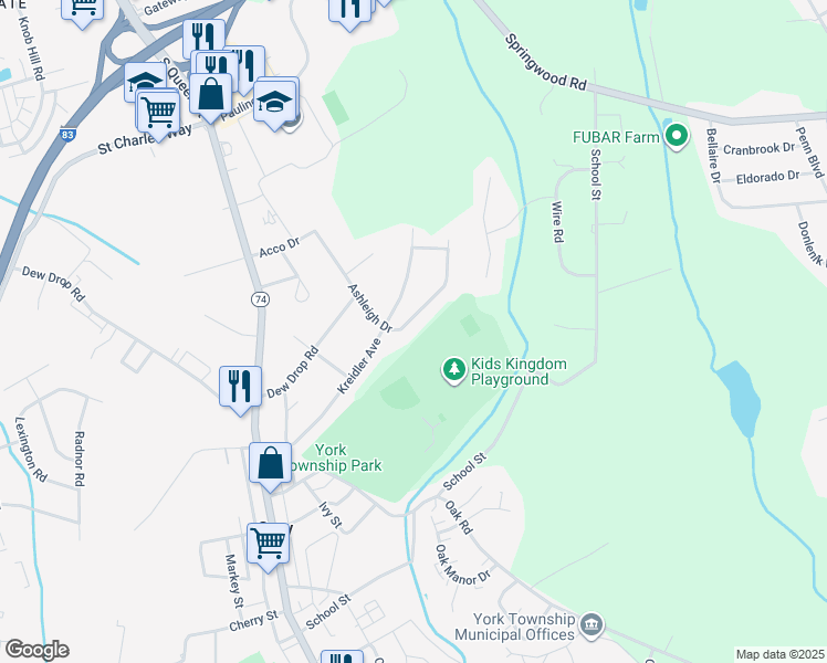 map of restaurants, bars, coffee shops, grocery stores, and more near 2306 Ashleigh Drive in York